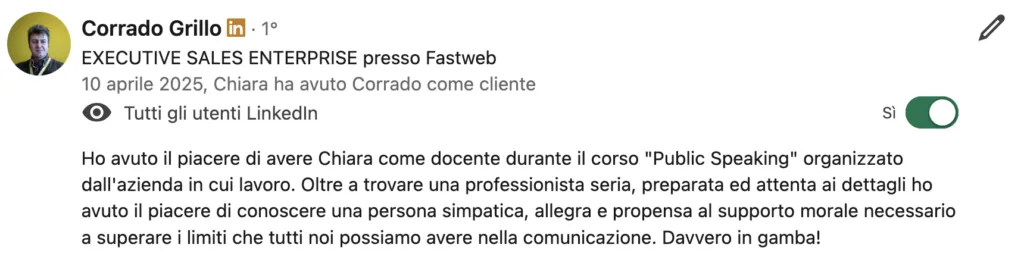 Corsi Corporate Public Speaking: opinioni di chi ha partecipato